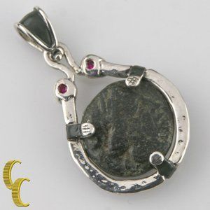 GREEK COIN IN SILVER BEZEL WITH 2 RUBIES PENDANT